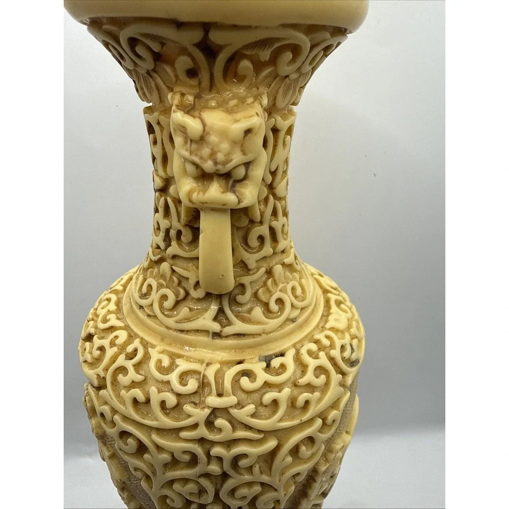 Antique Signed Chinese Carved Soapstone Vase Detailed Engraving Natural Stone11